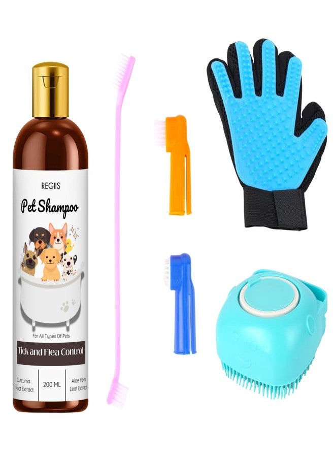 مجموعة العناية بالحيوانات الأليفة، شامبو لمكافحة القراد والبراغيث 200 مل مع قفاز لإزالة الشعر الزائد، وفرشاة تدليك، ومجموعة أدوات استحمام الحيوانات الأليفة (عبوة من 4 قطع) - Image 1